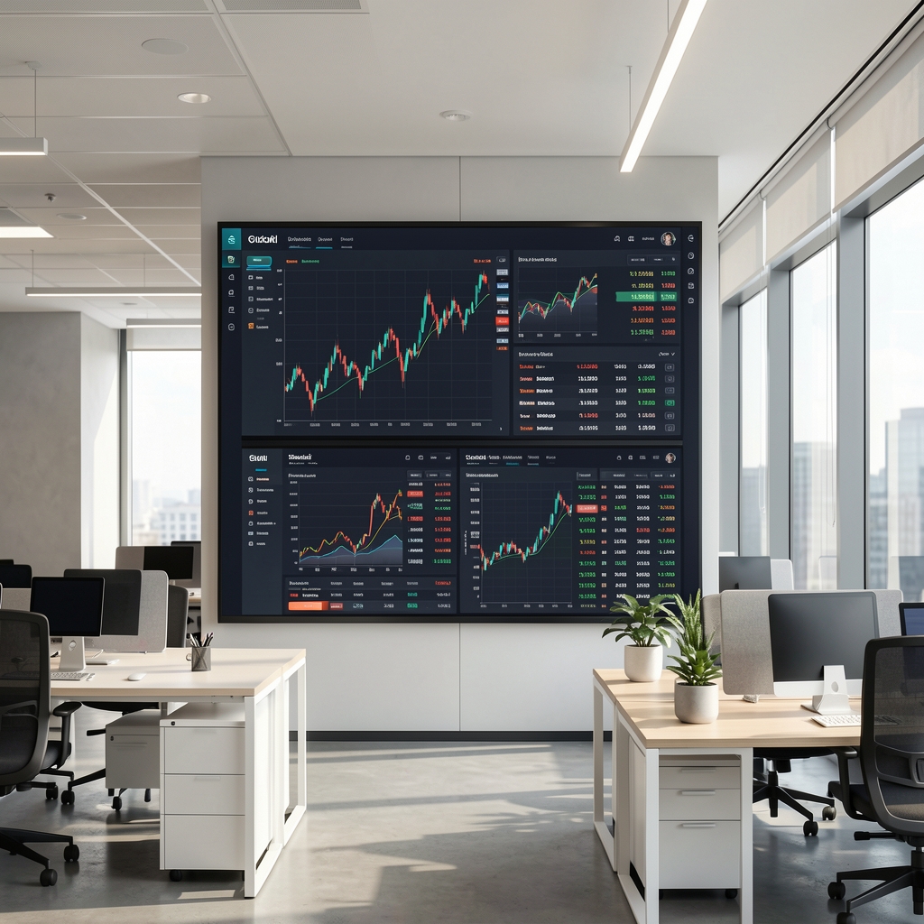 Modern banki adatelemzési központ nagy kijelzőkkel és pénzügyi adatokkal teli grafikonos dashboardokkal, professzionális irodai környezetben