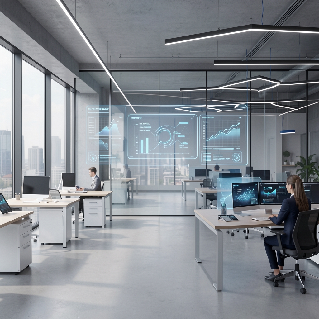 Jövőorientált technológiai innovációs tér: holografikus kijelzők, adatvizualizáció és modern kutatási infrastruktúra futurisztikus irodai környezetben