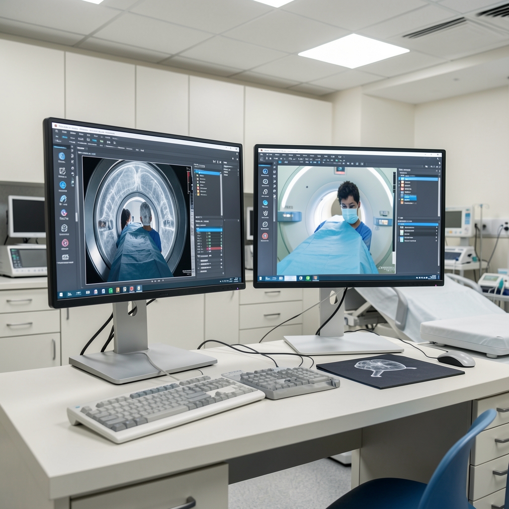 Modern kórházi radiológiai labor ahol orvos MI-alapú diagnosztikai szoftvert használ CT-felvételek elemzéséhez két monitoron megjelenített orvosi képekkel
