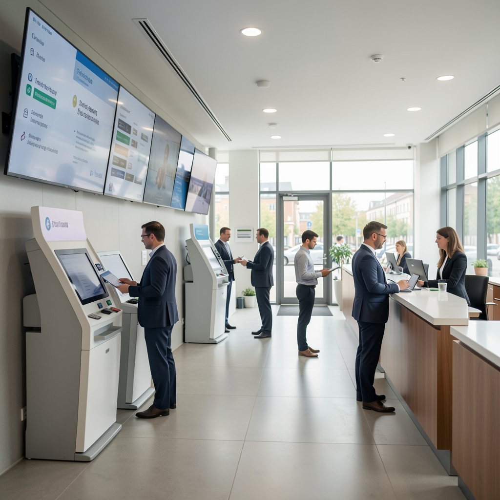 Modern bankfiók belső tere digitális kijelzőkkel és önkiszolgáló pénzügyi terminálokkal, ahol ügyfelek és banki személyzet intelligens rendszereket használ