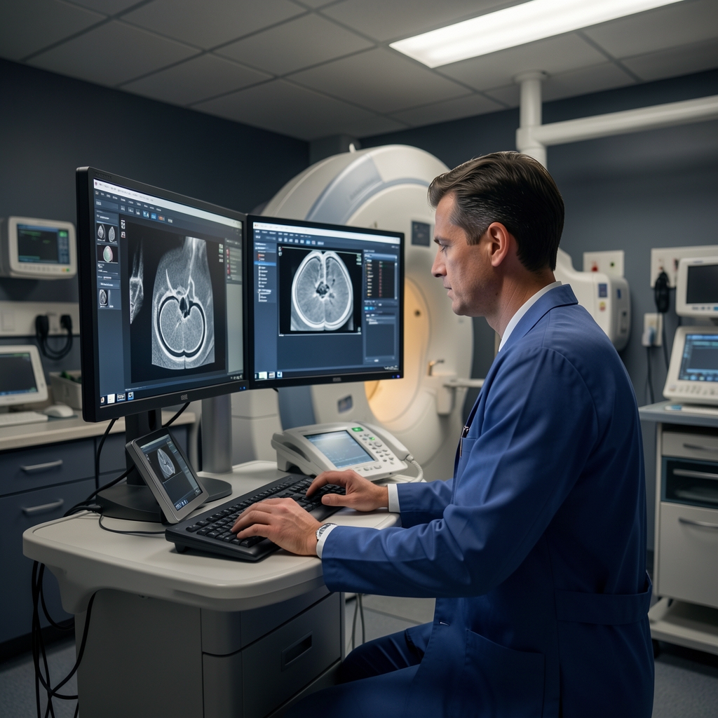 Radiológus orvos CT-felvételeket vizsgál MI-asszisztált diagnosztikai szoftverrel, kettős monitoros munkaállomáson, sötét kórházi radiológiai laboratóriumban