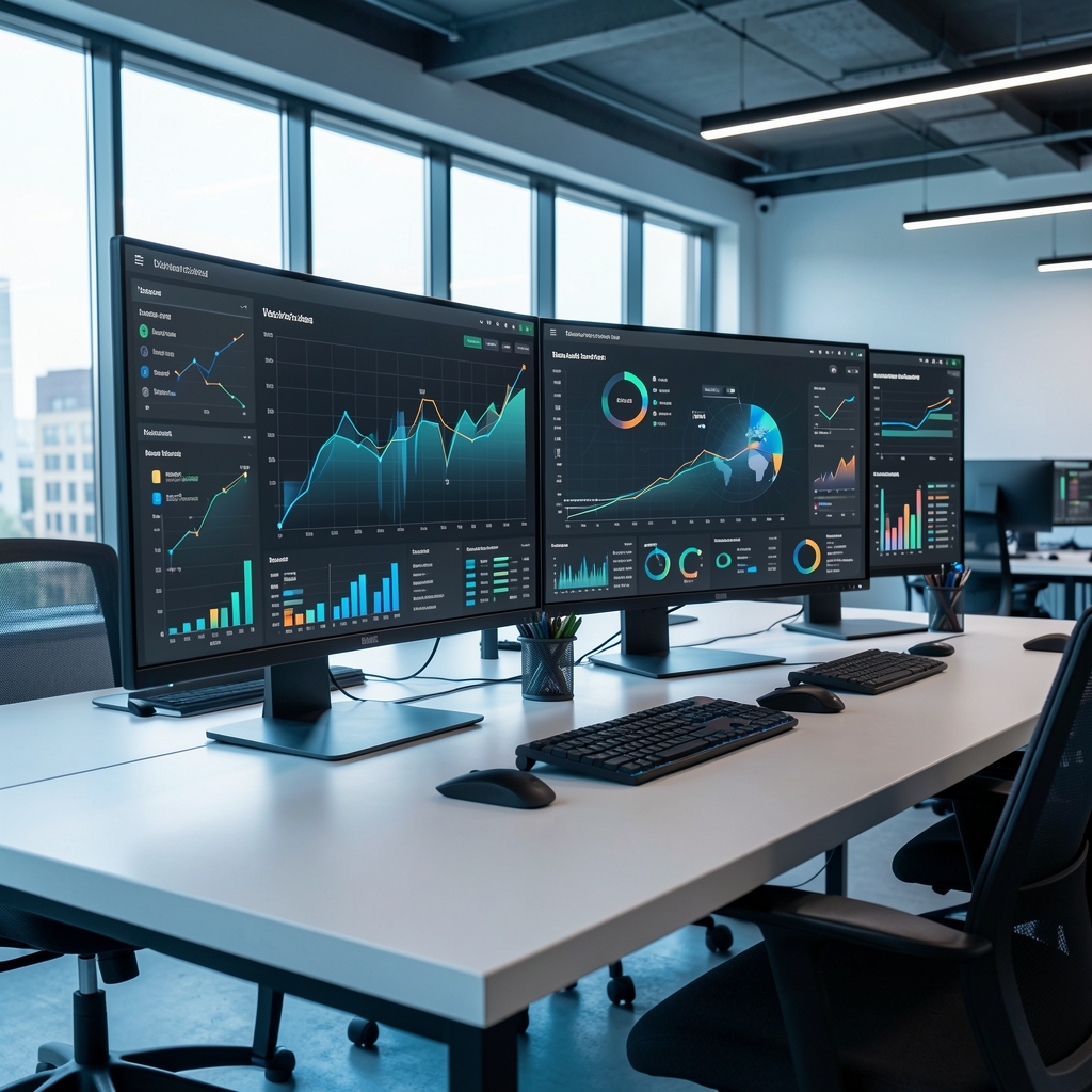Modern adatelemzési munkahely nagy monitorokkal, adatvizualizációs grafikonokkal és kékszíne fénnyel megvilágított irodai környezetben