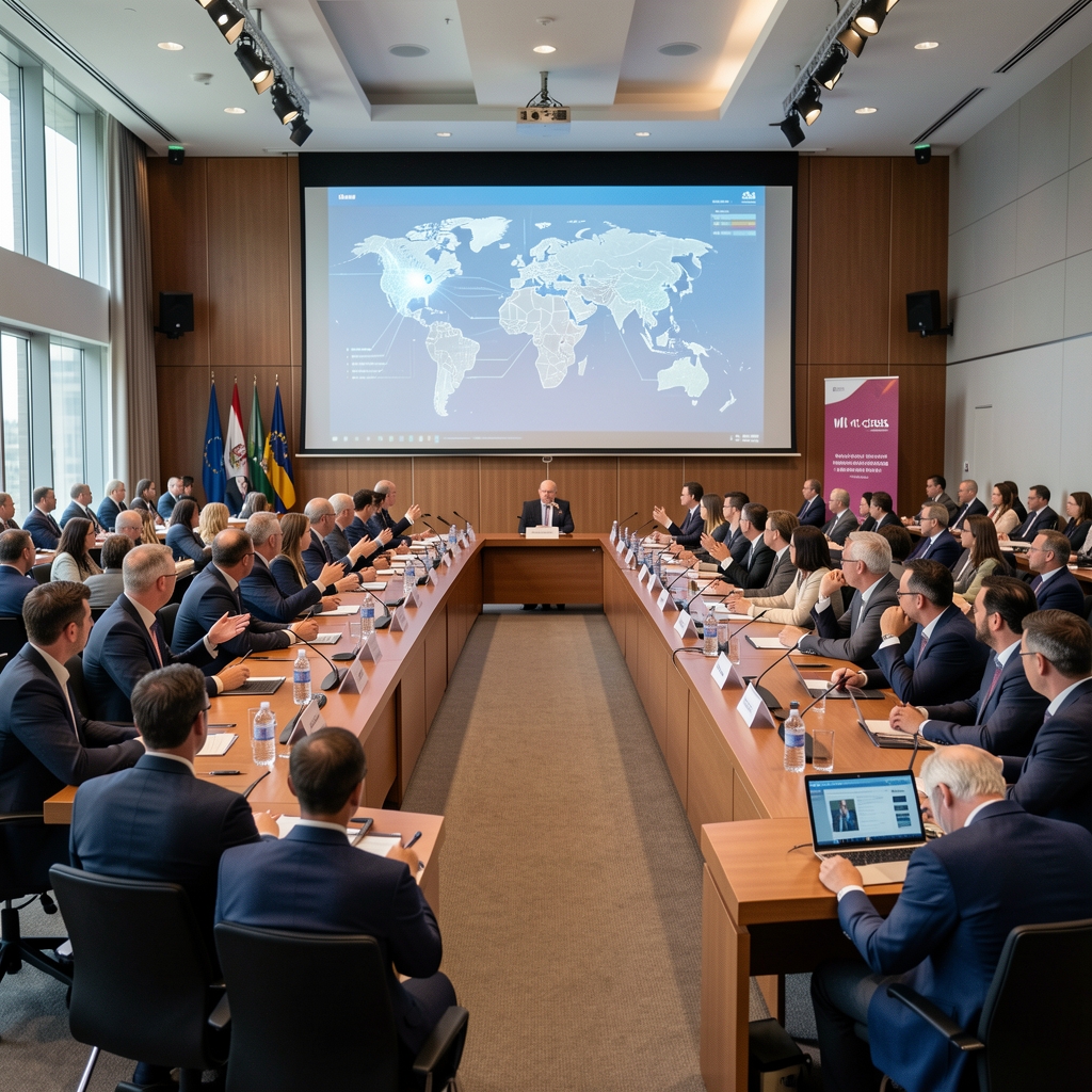 Globális MI-csúcs konferenciaterem teli szakértőkkel és vetítéssel ahol mesterséges intelligencia szabályozásról folyik a vita