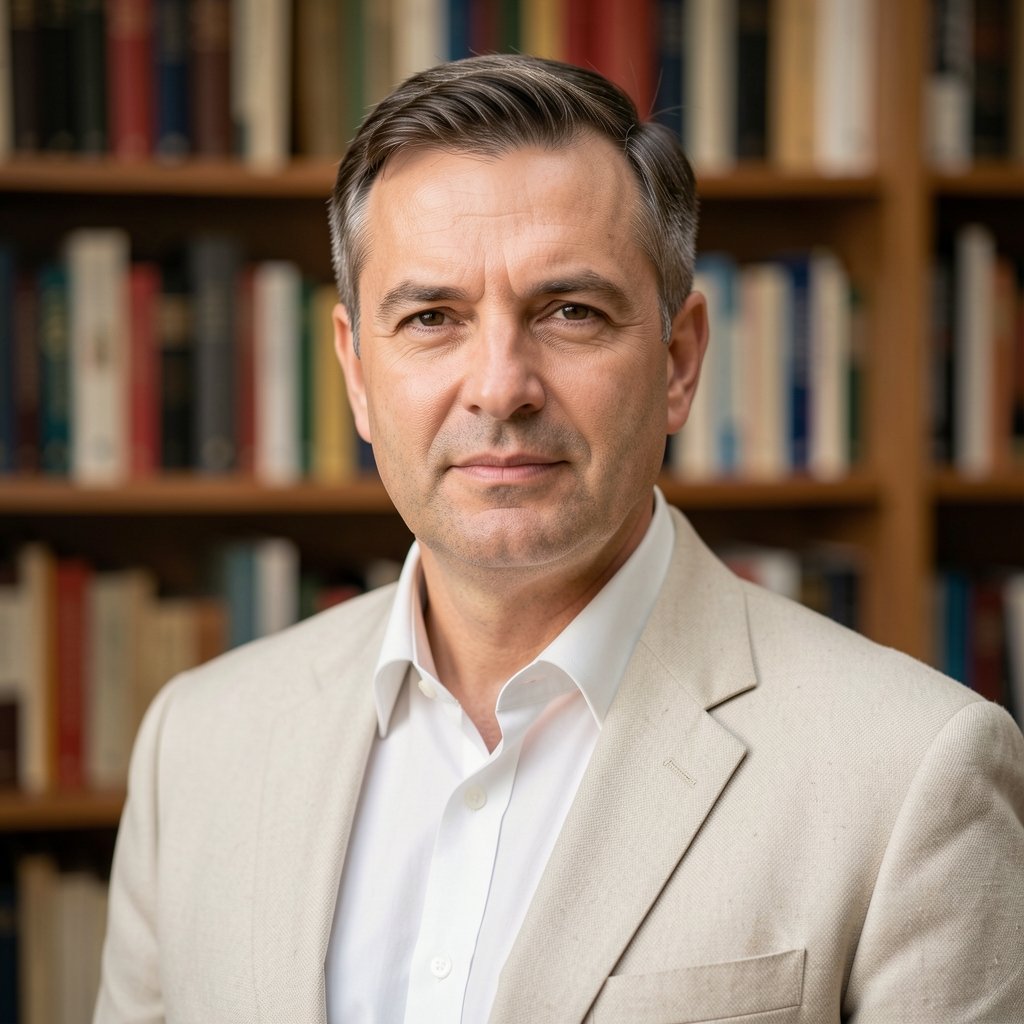Komoly tekintetű, középkorú férfi professzor fehér ingben és zakóban, könyvespolc háttérrel, portréfotó